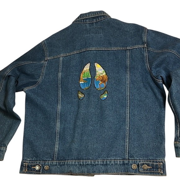 VTG Wrangler Hero Blue Denim Jacket, Custom moose hooves embroidered patch sz M - Picture 3 of 15